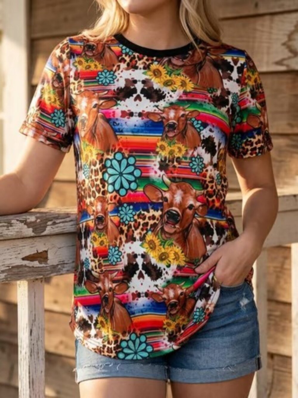 Multicolor Cow & Floral Short Sleeve Tee